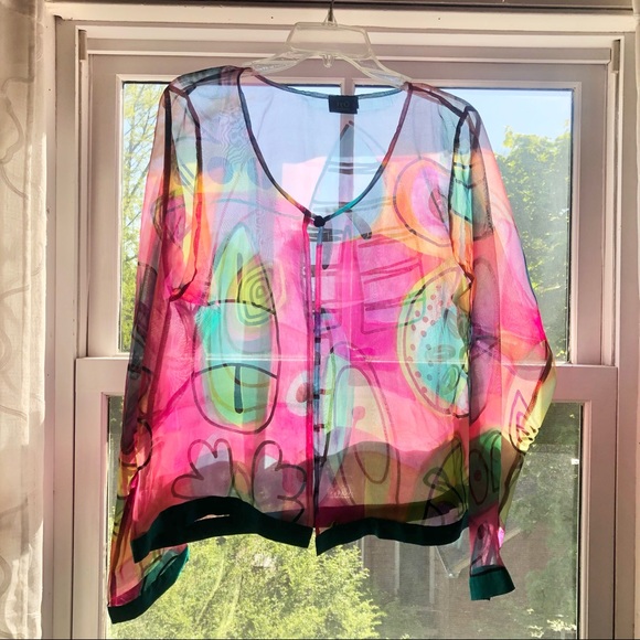 Vintage Tops - 100% Silk Sheer Organza Hand Painted Colorful Top